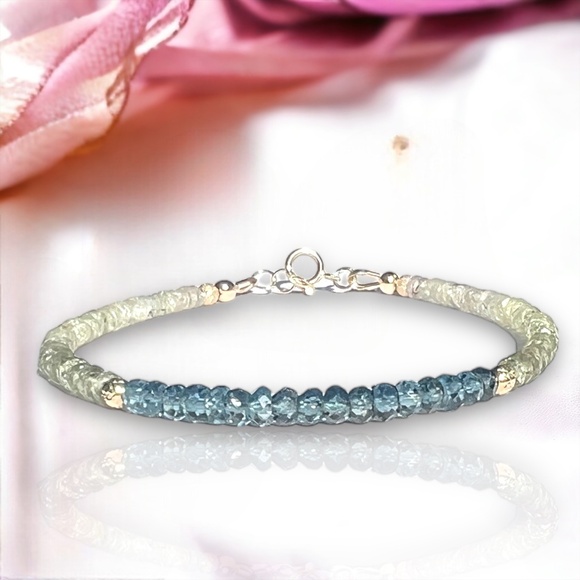 Natural London Blue Topaz, Ombre Green Sapphire Bracelet Handmade Solid 14k Gold - Picture 6 of 9